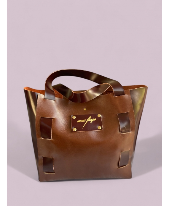 Woven leather tote brandy